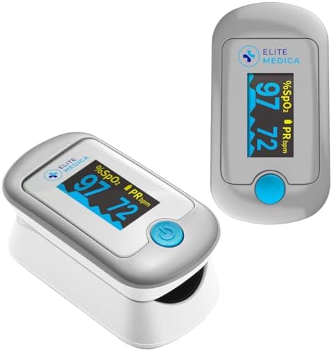 Elite Medica Premium Fingertip Pulse Oximeter, Health Canada Authorized Medical Device, Digital SpO2 Blood Oxygen Saturation Monitor & Heart Rate Tracker, Portable Medical Device for Home & Fitness Use, Accurate Oxygen Level Reader with LCD Display, Waveform & Pulse Graph, Batteries Included (Grey)