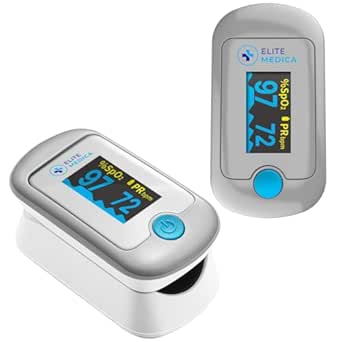Elite Medica Premium Fingertip Pulse Oximeter, Health Canada Authorized Medical Device, Digital SpO2 Blood Oxygen Saturation Monitor &amp; Heart Rate Tracker, Portable Medical Device for Home &amp; Fitness Use, Accurate Oxygen Level Reader with LCD Display, Waveform &amp; Pulse Graph, Batteries Included (Grey)