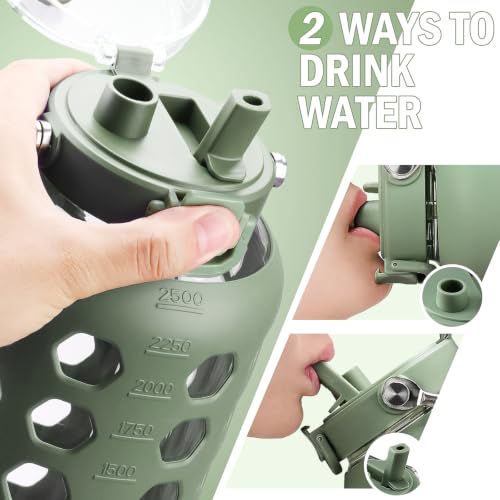 Image of MUKOKO 84 oz Glass Water Bottle, Stainless Steel Handle, Olive