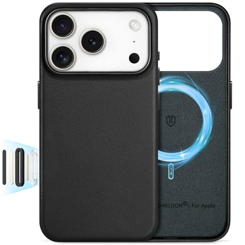 Image of SHIELDON Genuine Leather Case for iPhone 17 Pro 6.3 inch 2025, Nappa Black | Compatible with MagSafe, Magnetic Wireless Charging, Camera Button, Metal Buttons, Camera Bezel, Slim, Shockproof, Women Men