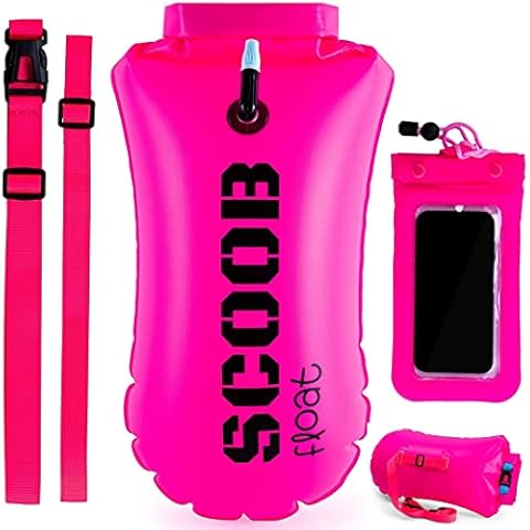 Swim Storage Buoy Tow Float Outdoor for Open Water Swimming by SCOOB + waterproof mobile phone case. Pink Lightweight & Visible Bag for Swimmers Triathlon Surfers Adults Kids Bright for Safe Training Cover