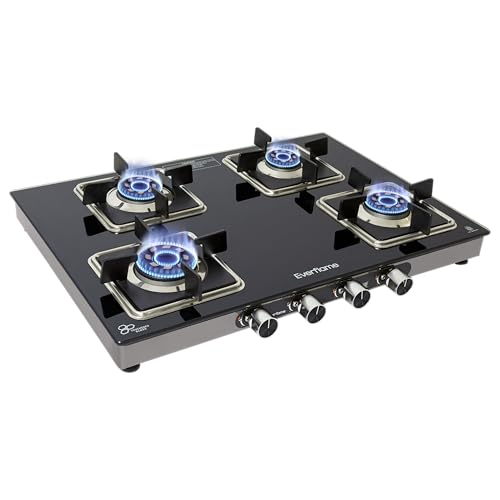 Everflame Astra 4 Burner Gas Stove | Manual Ignition | Toughened Glass | 5G Forged Brass Burner | LPG Compatible | 5 Years Warranty on Glass & Burners + 2 Years Comprehensive Warranty Doorstep Service