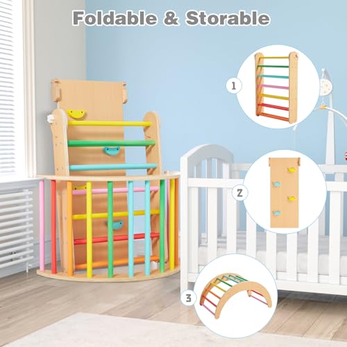 Image of Beright 4 in 1 Pikler Triangle Gym, Montessori Foldable Climber with Ramp, Indoor Climbing Toys for Kids, Climbing Triangle for Toddlers Arch Climber, Rocker, Learning Waldorf Children Toy, Rainbow