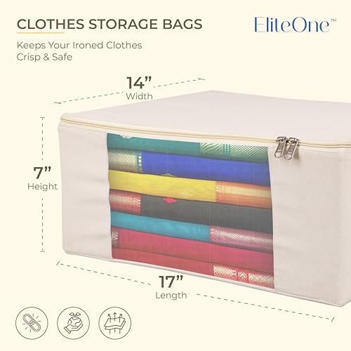Image of EliteOne Cotton Canvas Clothes Storage Bags with Zip & Window | Saree Covers for Storage | Lehengas, Dresses, Saree Organiser for Wardrobe | saree bags with zip (17x14x7 inches)(Pack of 3 Bags)