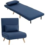 HOMCOM Sofá Cama Individual Plegable 3 en 1, Sofá Cama, Tapizado en Lino, con Respaldo Ajustable 5 Posiciones, 1 Almohada, para Dormitorio, Salón, Azul Oscuro