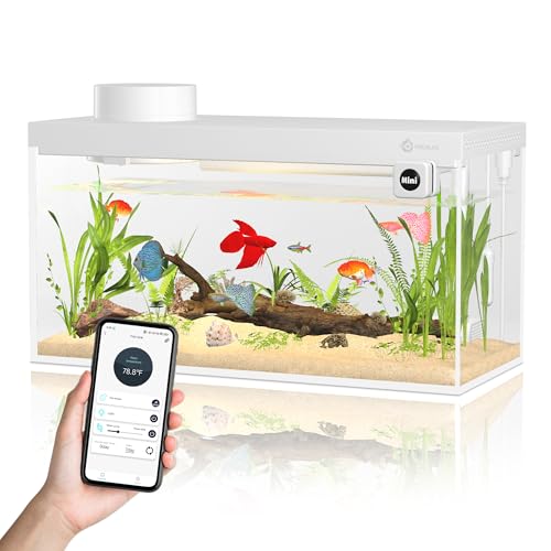 Smart Fish Tank Aquarium Kit with APP Control and Auto Feeder – 1.5 Gal Fish Tank Multi-Layer Filtration System Silent Pump & UHD Glass – 16 Million DIY Colors Includes Mini Magnetic Scrubber Scraper