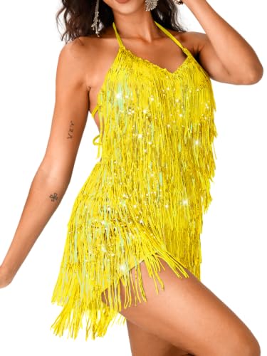 Image of Kaei&Shi Sequin Fringe Romper,Sparkly Glitter Metallic Jumpsuits For Women,Backless Shorts Dress Disco Birthday Dance Outfit