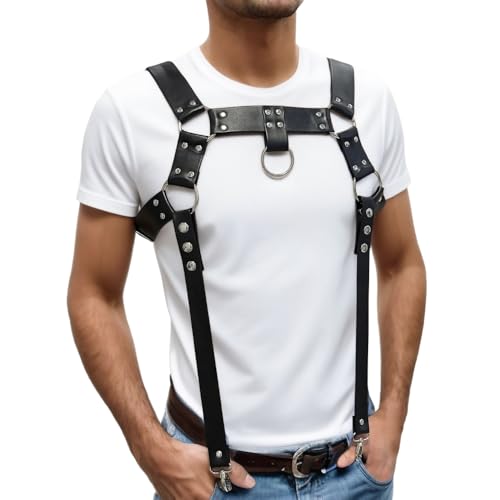 Men's Harness Belt Costume with Braces, Adjustable Body Chest Harness for Men, PU Leather Male Punk Harness Muscle Show Fashion Costumes for Cosplay Party