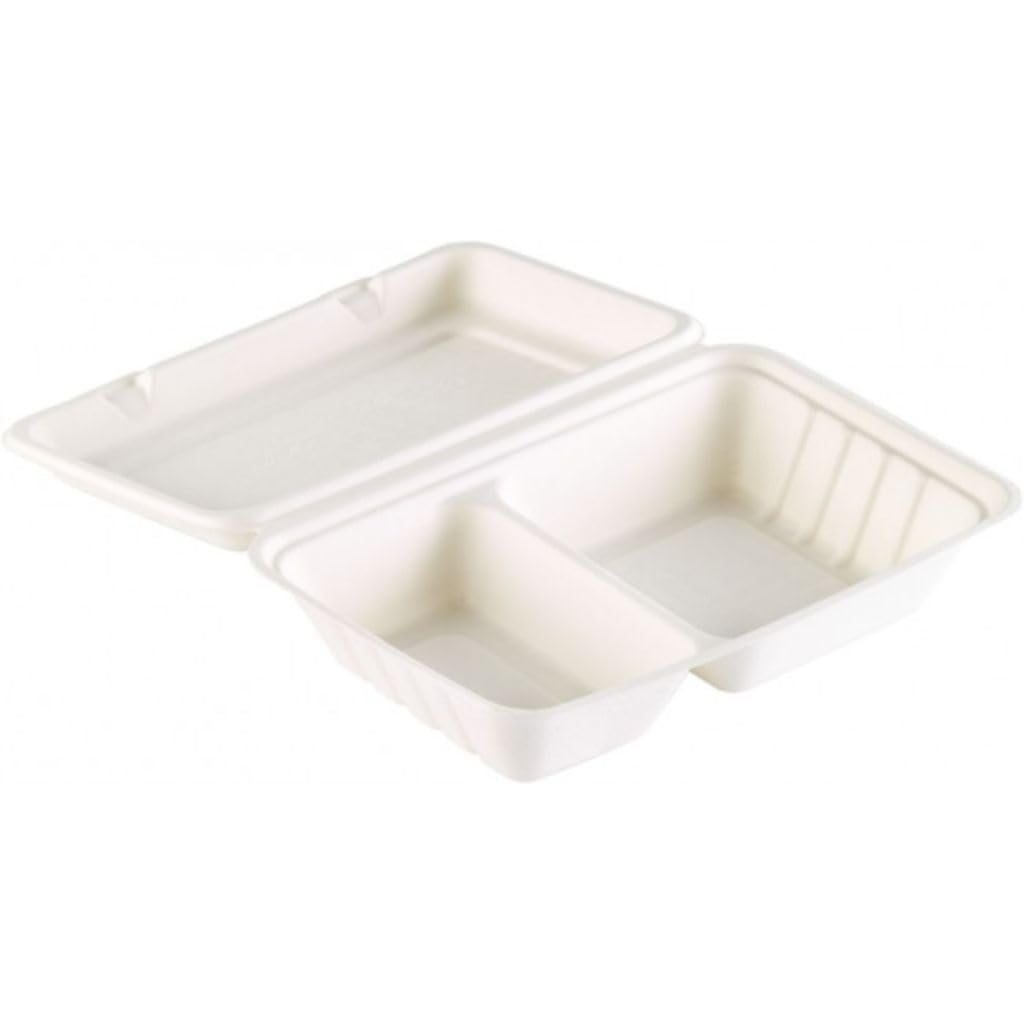 100 Scatole 2 scomparti 1000 ml in bagassa 25x17x6 cm polpa di cellulosa 100% compostabile riciclabile biodegradabile bio asporto delivery biscomparto