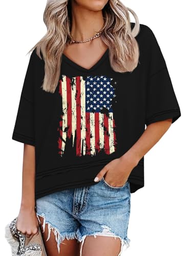 Image of UNCLECAT Womens V Neck T Shirts Summer Trendy Loose Fit Casual Tops Tees | Short sleeve, Spliced hem, Flowy graphic tees,Solid color cute basic t-shirts