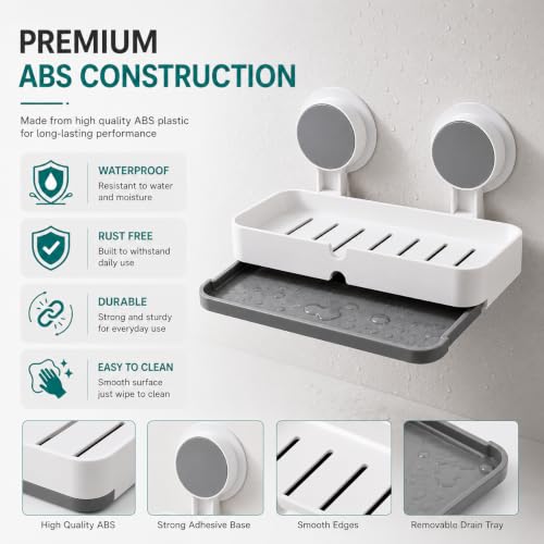 Image of Zollyss Double Soap Holder for Bathroom & Kitchen | Self Adhesive Wall Mounted Soap Dish with Drain Tray | No Drill Waterproof ABS Plastic