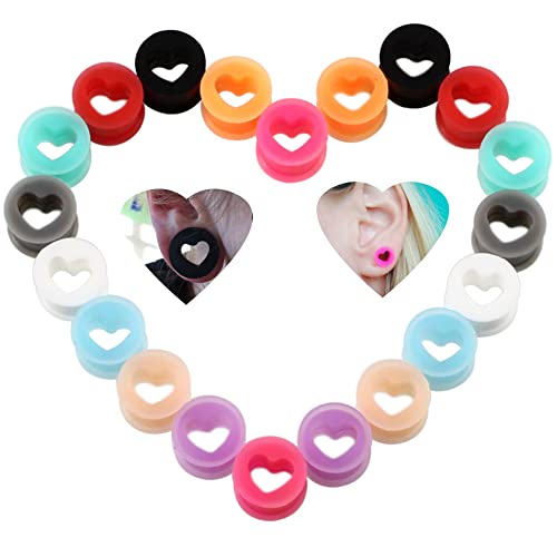 Huiziuyuqi Colorful Heart Shaped Silicone Flexible Double Flared Round Ear Tunnels And Plugs Boho Style Hollow Ear Piercing Gauge Expander Stretching Tunnels Comfortable Soft Sleeper Ear Plugs thumb #1