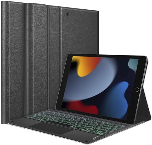 Image of HOM Tri Fold 7-Colour Backlight Detachable Wireless Bluetooth Keyboard with Trackpad /Touchpad & Tablet Cover Case for iPad 9th / 8th / 7th Generation (2021 /2020 /2019) 10.2 Inch