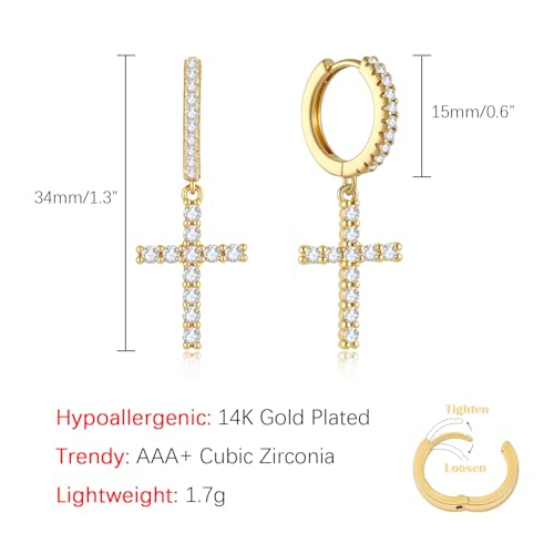 14K Gold Plated Cross Earrings for Women Men, CZ Cross Dangle Earrings Hypoallergenic Jewelry Gift2