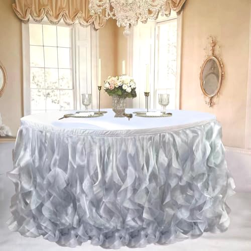 Image of Luxury Organza Mesh Table Skirt Draping Floating Romance - Perfect for Bridal Showers, Birthday Weddings - Clear Flowing Decoration for a Wonderful Main Cake Table (Silvey Grey-9ft, 108 inchLx30 inchH)