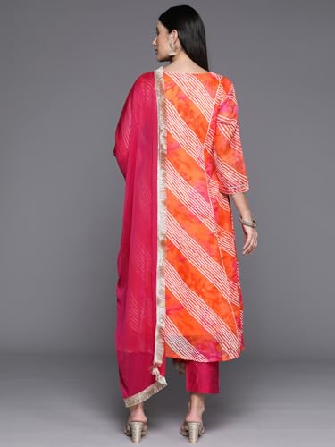 Image of Varanga Women Anarkali Kurta Pant Set with Dupatta | Cotton Blend | V-Neck | 3 /4 Sleeve | Calf Length |Casual Wear