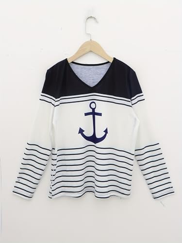 Women Tops Anchor Stripe Print V Neck T-Shirt Casual Long Sleeve Shirt3