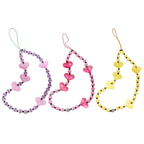 Staqlo 3PCS Handmade Heart Beads Phone Charm - Cute Colorful Phone Bracelet Lanyards and Wrist Straps zlax-234