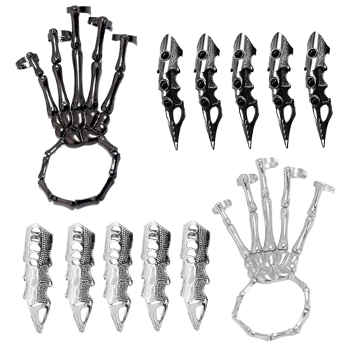 Skeleton Bracelet Skeleton Hand Bracelet with 5Pcs Full Finger Rings Punk Gothic Jewelry with Movable Joint Plated Alloy Halloween Jewelry for Cosplay, Party, Costume, Black2