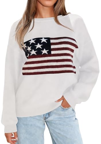 BONITEE レディース セーター ドレッシーカジュアル アメリカンイーグル服 長袖 クルーネック セーター アメリカ国旗 ソフト ルーズニット プルオーバー, ホワイト, Mediumの商品画像（Amazon）