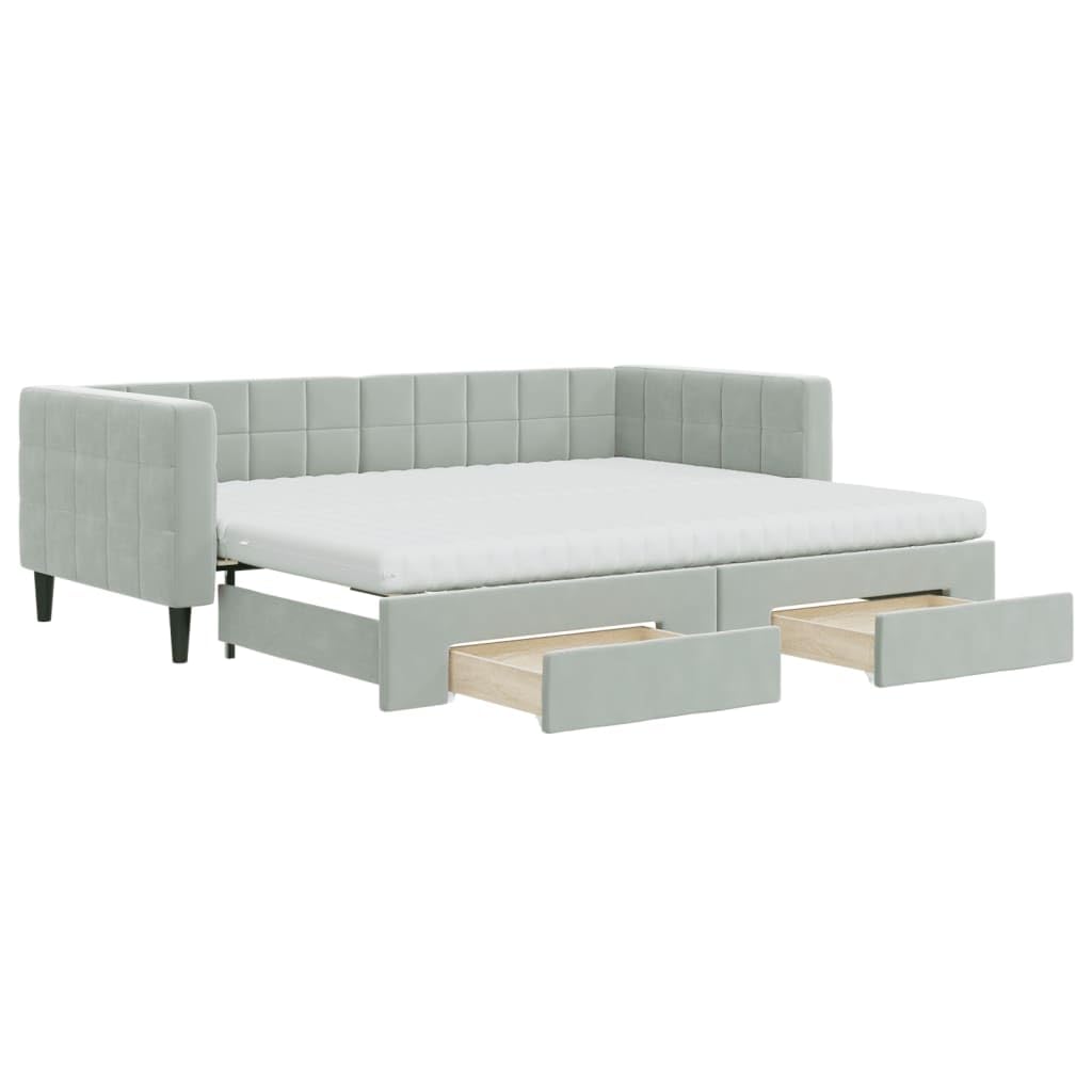 Łóżko dzienne wysuwane z szufladami, jasnoszare, aksamitne, 90 x 200 cm, sofa do spania z materacem piankowym, wytrzymała rama drewniana, metalowa rama, meble funkcyjne oszczędzające miejsce