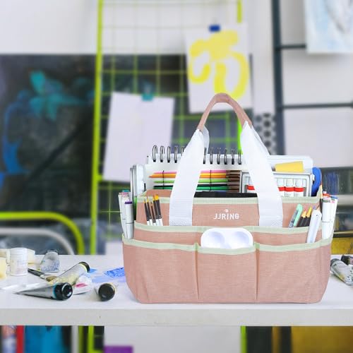 Image of JJRING Craft Organizer Tote Bag, Art Storage Caddy with Multiple Pockets, Beige Sewing Bag for Art, Craft, Scrapbooking, School, Medical, and Office Supplies Storage