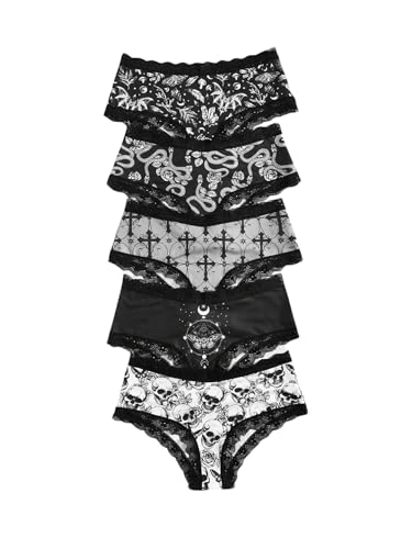 MakeMeChic Women's 5 Pack Gothic Floral Lace Briefs Graphic Print Scallop Trim Panty Underwear