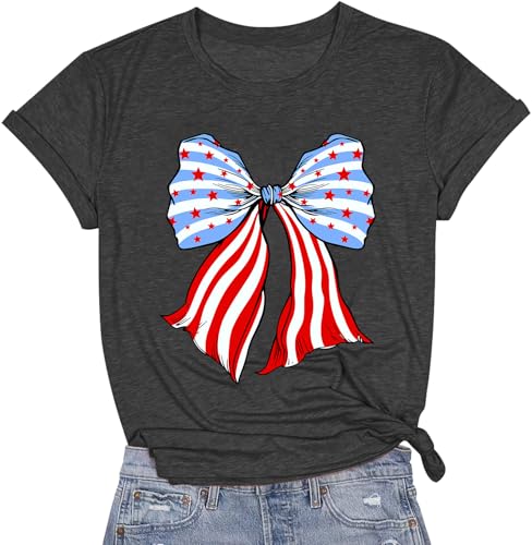 Image of 4th of July Shirts Women USA Shirt Patriotic T Shirt American Flag Shirt Bow Holiday Vacation Casual Outfit