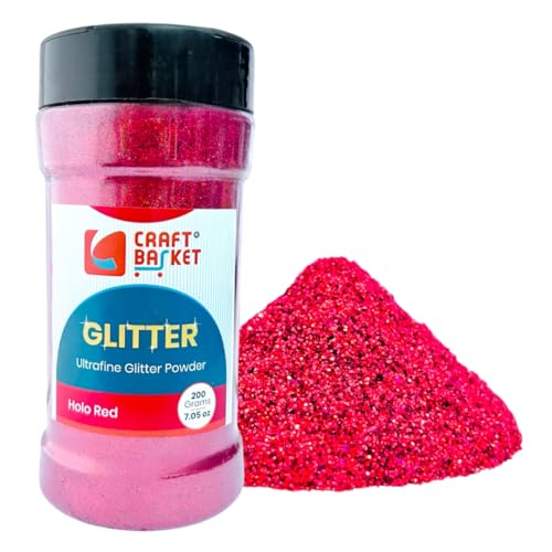 CRAFT BASKET® Ultra Fine Glitter for Art & Craft (50 Colours)(All Packs: 10 g,25 g,50 g,100 g,200 g,500 g) DIY Projects, Resin & Nail Art, Multi-Purpose Sparkle Glitter (Holo Red, 200 g)