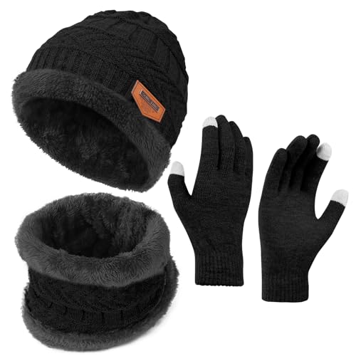 Flintronic Wintermütze, Schal und Touchscreen Handschuhe Set - Fleece-Innenfutter Warm Beanie Mütze für Herren & Damen - Elastische Mütze mit Rundem Schal