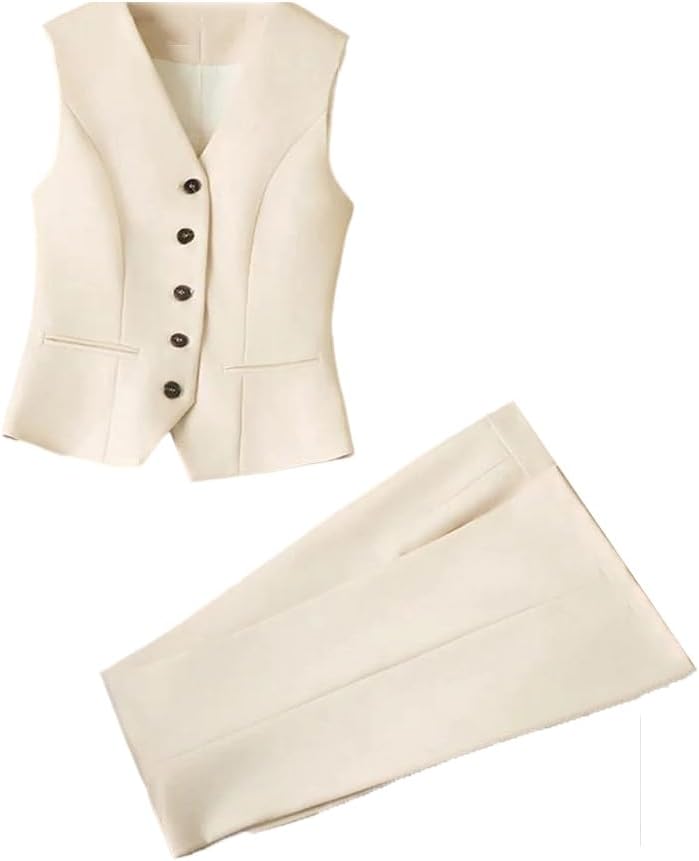 Womens Two Piece Blazer Set Sleeveless Solid Button Down V Neck Waistcoat and Pants for Office Business