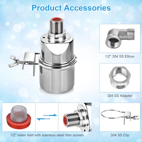 Float Valve - 1/2" 3/4" 1" Water Float Valve, 304 Stainless Steel Automatic Water Level Control Float Valve, Auto Shut Off Ball Mini Float Valve for Water Tank, Pool, Livestock Troughs (1 Pack)