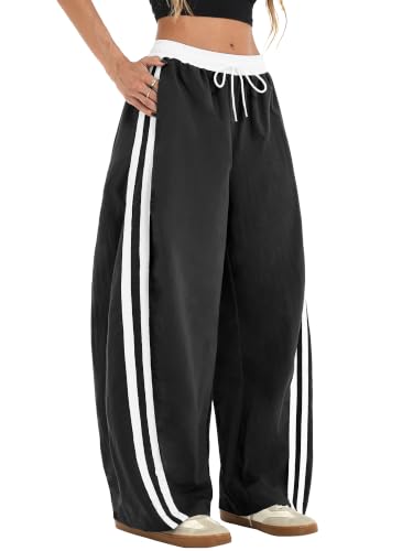 ELLEVEN Women's Side Stripe Track Pants with Pockets Black Medium