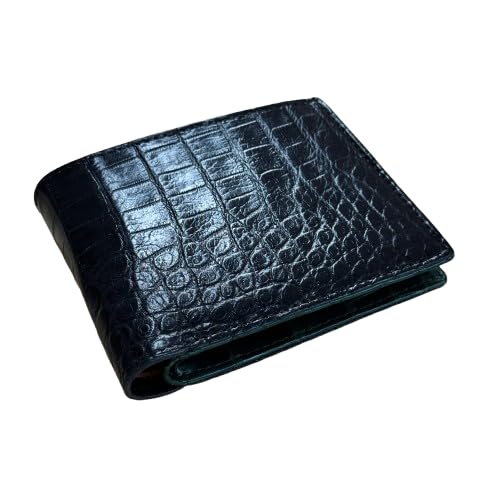 Image of HATA Black Green Bifold Leather Wallet for Men, Exotic Double-Sided Leather Wallet with RFID Blocking & ID Window Credit Card Holder, Handmade Gift for Birthday, Anniversary, Father's Day HDV1272