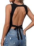 Hilinker Women's Crewneck Open Back Tank Top Sexy Tie Back Sleeveless Going Out Tops Black Medium