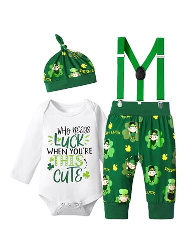 St Patricks Day Baby Boy Outfit Newborn Boy My First St Patricks Day Who Neeas Luck When You Re This Cute White Gentleman Romper Green Suspenders Hat 3pcs Sets