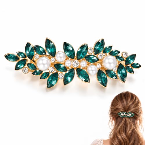 Soumimi Green Crystal Pearl Hair Clip, Rhinestone Leaf Barrette for Women