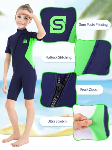 Summshall 2MM Traje de Neopreno para Niños Niñas, Térmico Traje de Baño Ultra Elástico Cálido Traje de Buceo Delantera Cremallera Kids Shorty Wetsuit para Hacer Snorkel Buceo Natación Surf - imagen 3