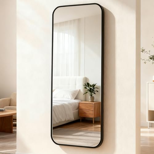 ECHOLYMTT Espejo de Pie 155x50cm Negro Cuadrado en Vidrio Templado, Diseño Moderno, Espejo Grande...