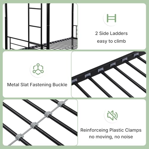 Kiivakii Twin Over Twin Bunk Bed with Trundle, Metal Bunkbed with 2 Side Ladders, Full Length Upper Bed, Sturdy Metal Frame Support, No Box Spring Needed, Noiseless, Black - Thumbnail 5