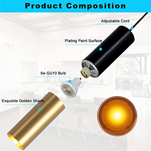 Omgomne Modern Pendant Light Fixture Kitchen Island,1-Light Black Gold GU10 Hanging Light Cord Adjustable Cylinder Pendants Lamp for Livingroom Bedroom Diningroom 1-Pack — view 2