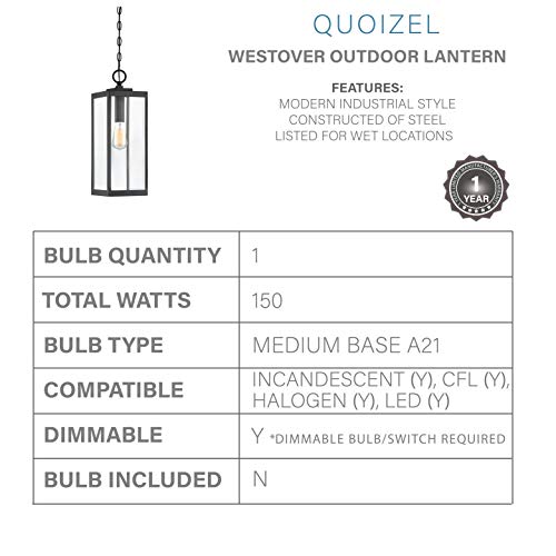 Quoizel Wvr1907Ek Westover Modern Industrial Outdoor Mini Pendant Ceiling Lighting, 1-Light, 150 Watt, Earth Black (21"H X 7"W) #TOP2