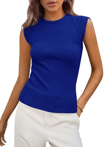 PRETTYGARDEN Womens Ribbed Tank Tops 2026 Summer Cap Sleeve Slim Fitted Knit Basic Casual Tee Shirts Trendy Fashion Clothes (Royal Blue Medium)