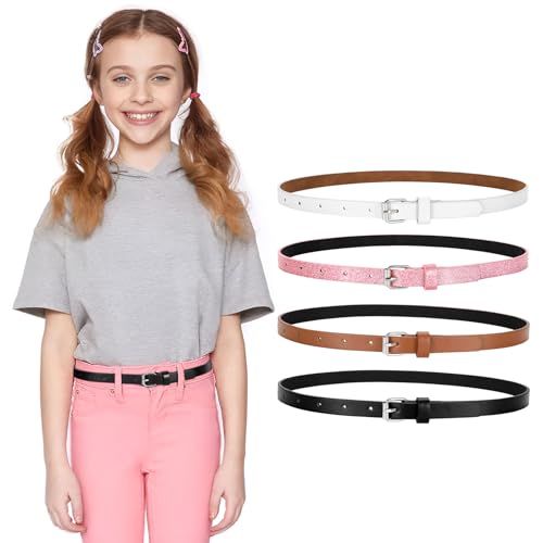 WERFORU 4 Pack Kids Thin Belt for Dress Jean Teen Leather Belt with Gold buckle Silver Buckle Glitter Skinny Belt for Girls