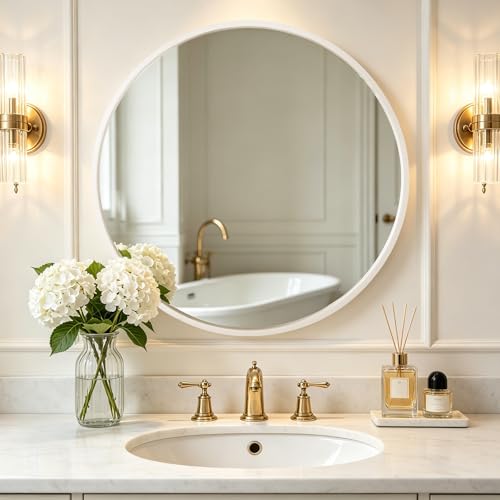 Image of WallBeyond Round Wood Mirror 32 inch Circle Wall Mirror for Bathroom Round Wall Mirror for Wall Decor, Vanity, Entryway Living Room (White)