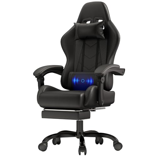 JUMMICO Gaming Stuhl Massage, Bürostuhl Ergonomisch Mit Massage-Lendenkissen, Gamer Stuhl verstellbare Rückenlehne 90-150°,und fußstütze, Gamingstuhl 150 kg belastbarkeit, Schwarz