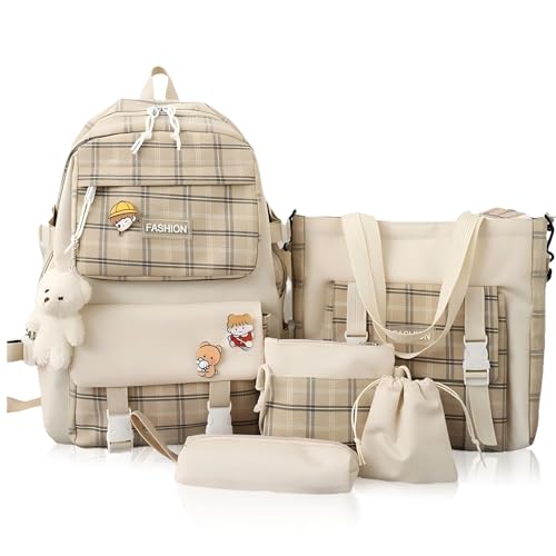 Duscdesp Mochila escolar para niñas, mochila escolar Kawaii para la escuela, bonita mochila de lona para niños con bonita decoración de oso e insignias, Caqui-a, M, Bonito