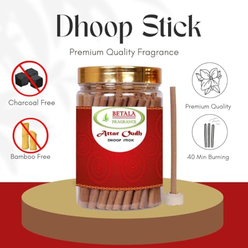 Image of Betala Fragrance Attar Oudh Dhup Batti for Puja, 200 Gm Bamboo Less & Charcoal Free Dhoop Sticks for Pooja with Holder Stand (70-80 Stick) (Agarwood) | dhupkathi | | doopsticks | | doopam | (200 Gm)