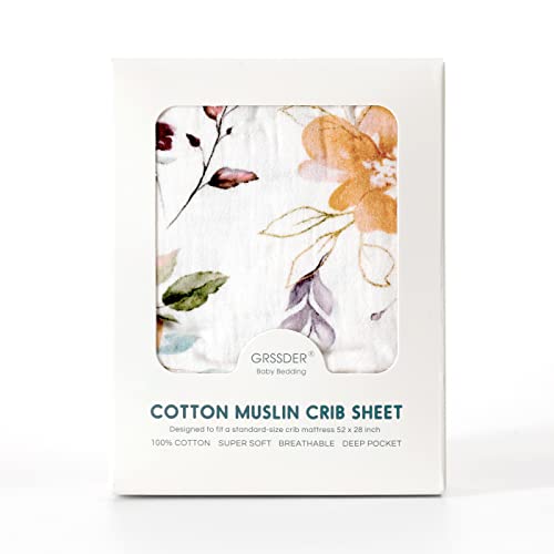 Image of GRSSDER Soft Muslin Crib Sheet 1 Pack, 100% Cotton Crib Sheets for Boys and Girls, Fit Standard Crib Mattresses 52 inch x 28 inchSafe and Snug, Stylish Purple Flora Pattern
