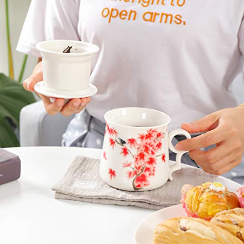 TEANAGOO M01-4 Ceramic Tea-Mug with Filter/Steeper and Lid, 13.7OZ, Red Leaves, Portable Ornament infuser,Infused Tea-Cup, Brewing Filter, Steeper Men Mom, TEANAGOO Maker